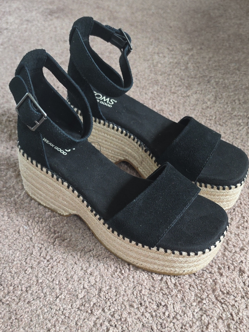 TOMS Black Suede Espadrille Wedge Sandals with Ankle Strap